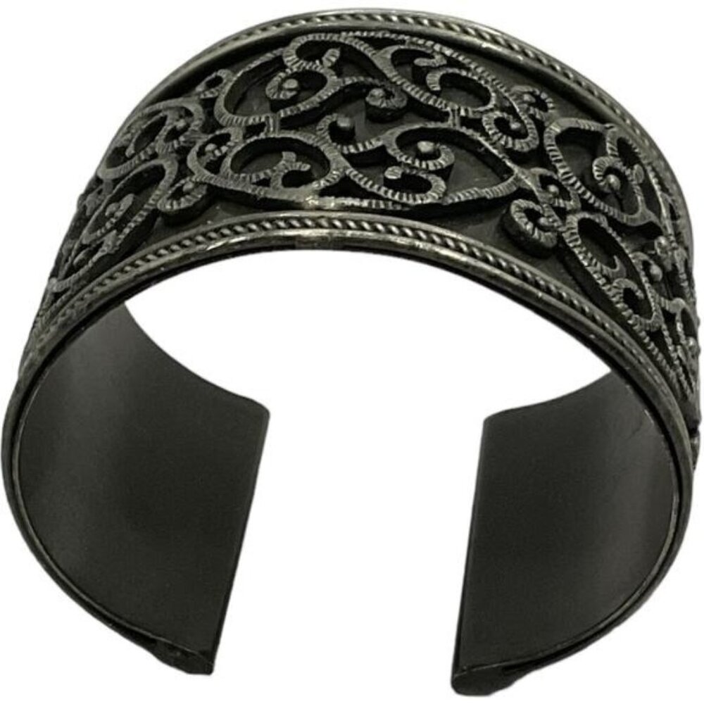 Antique Silver-Tone Cuff Bracelet With Intricate Swirl Design